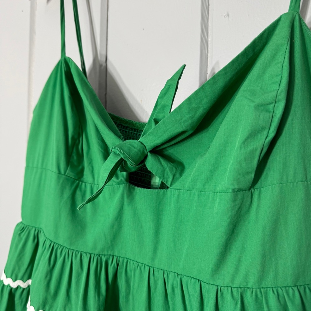 Moodie Green Babydoll Mini Dress Flare Ric Rac Trim Tie Front Smocked Back Large - Picture 5 of 15